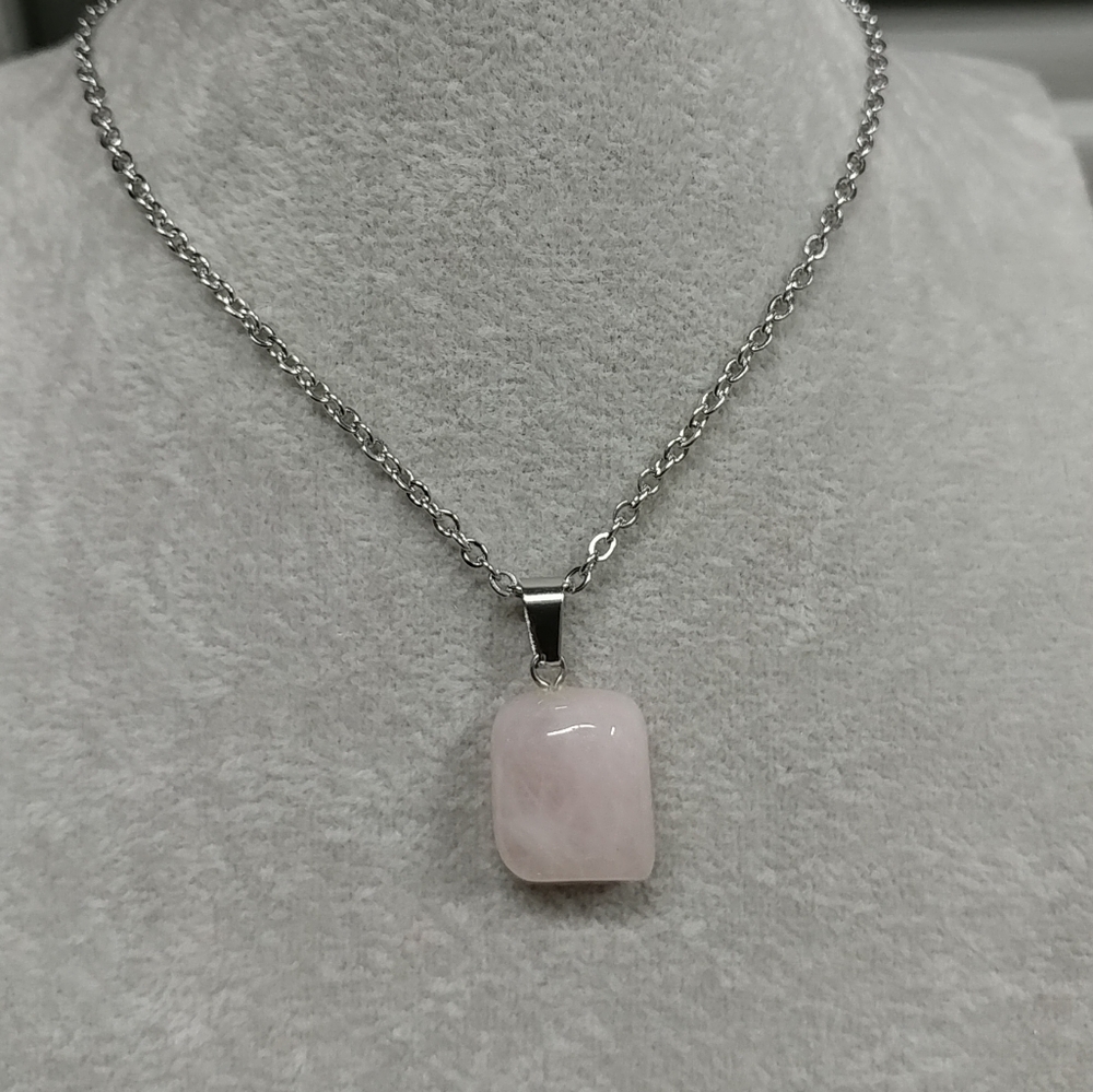 Rose Quartz Necklace Natural Gemstone Crystal Pendant Stainless-Steel Chain Pink
